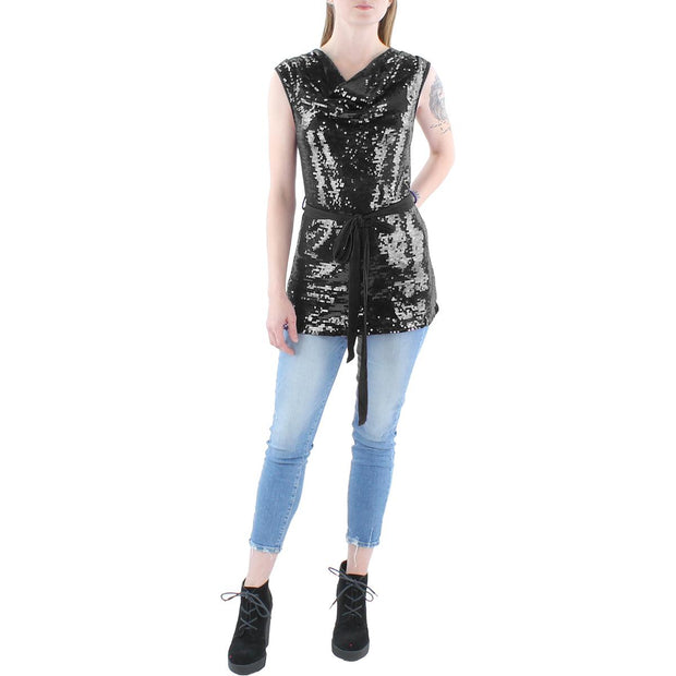 Womens Sequined Cowl Neck Tunic Top