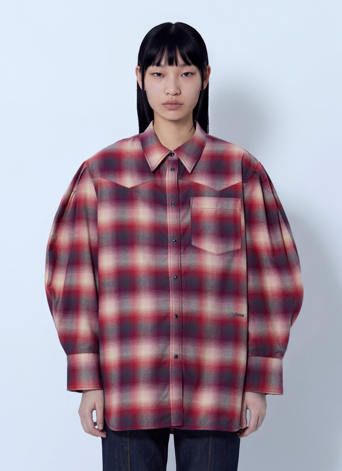 Ganni Women Cotton Flannel Check Pleated Sleeve Shirt