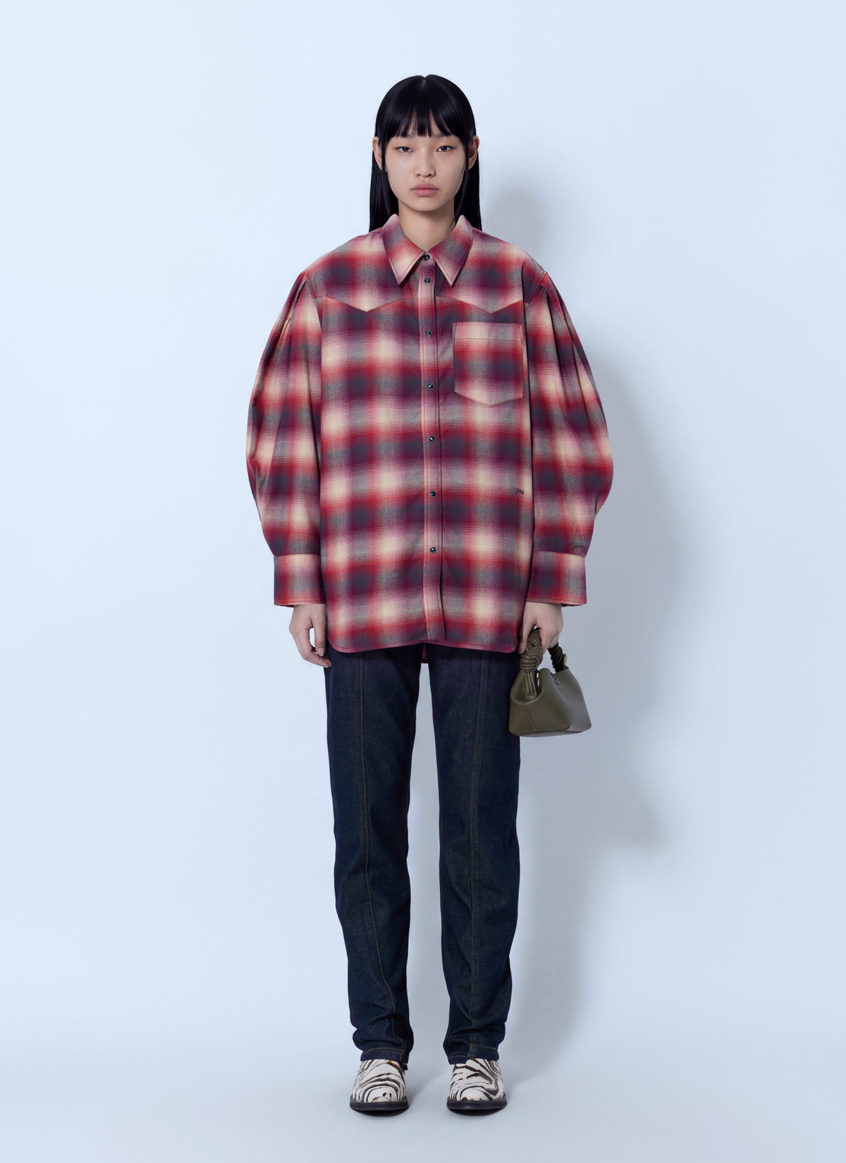 Ganni Women Cotton Flannel Check Pleated Sleeve Shirt