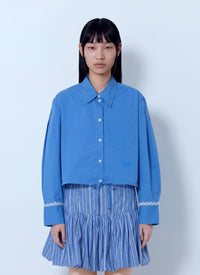 Ganni Women Stretch Cotton Cropped Bowling Shirt