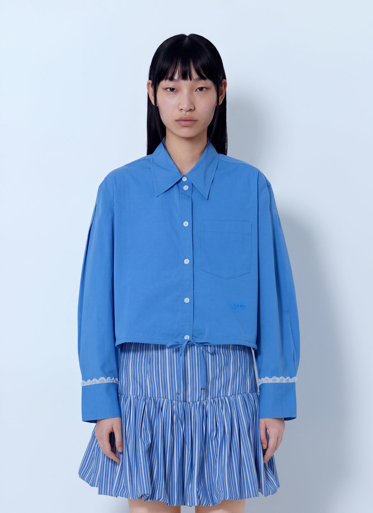 Ganni Women Stretch Cotton Cropped Bowling Shirt