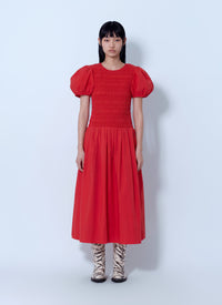Ganni Women Stretch Cotton Long Smocked Pleated Dress