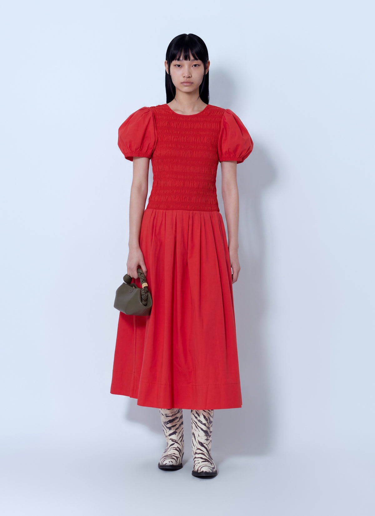 Ganni Women Stretch Cotton Long Smocked Pleated Dress