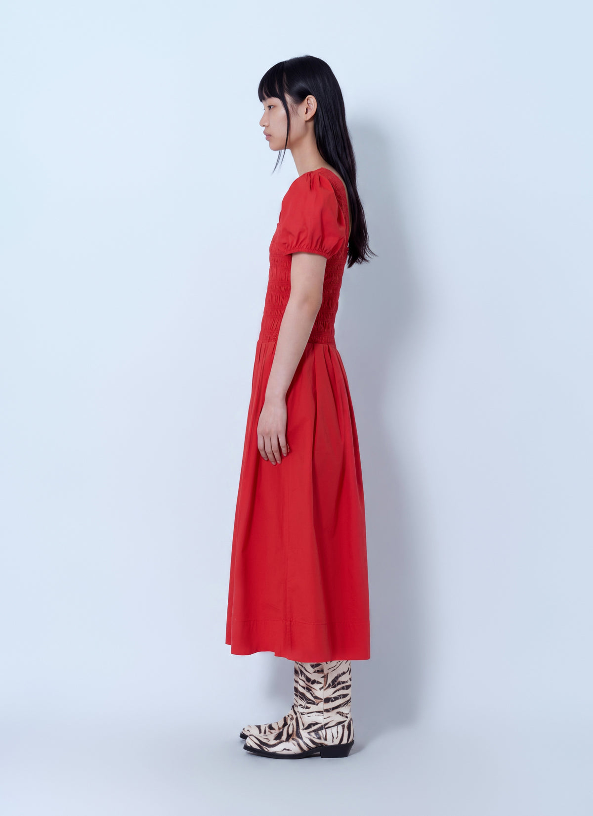 Ganni Women Stretch Cotton Long Smocked Pleated Dress