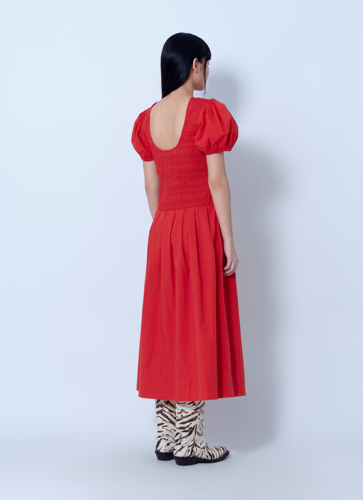 Ganni Women Stretch Cotton Long Smocked Pleated Dress