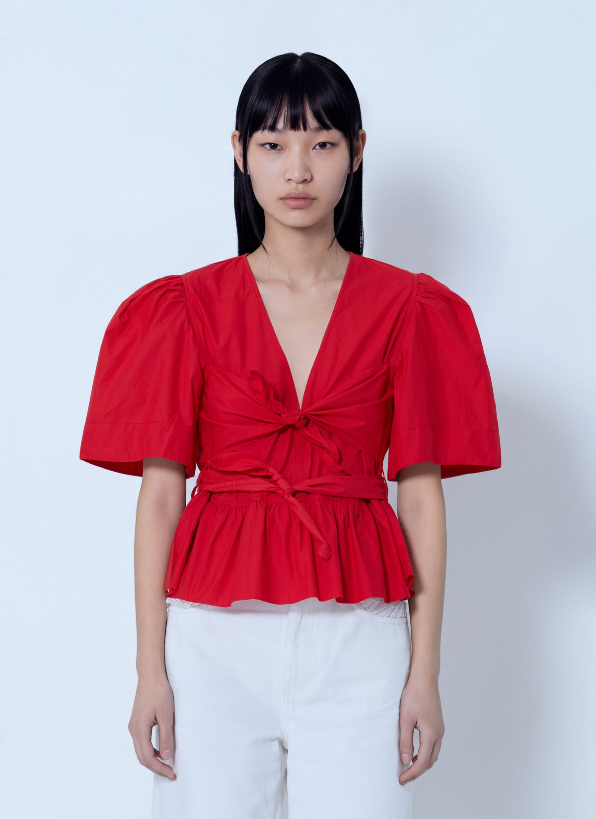 Ganni Women Cotton Poplin Bow Blouse