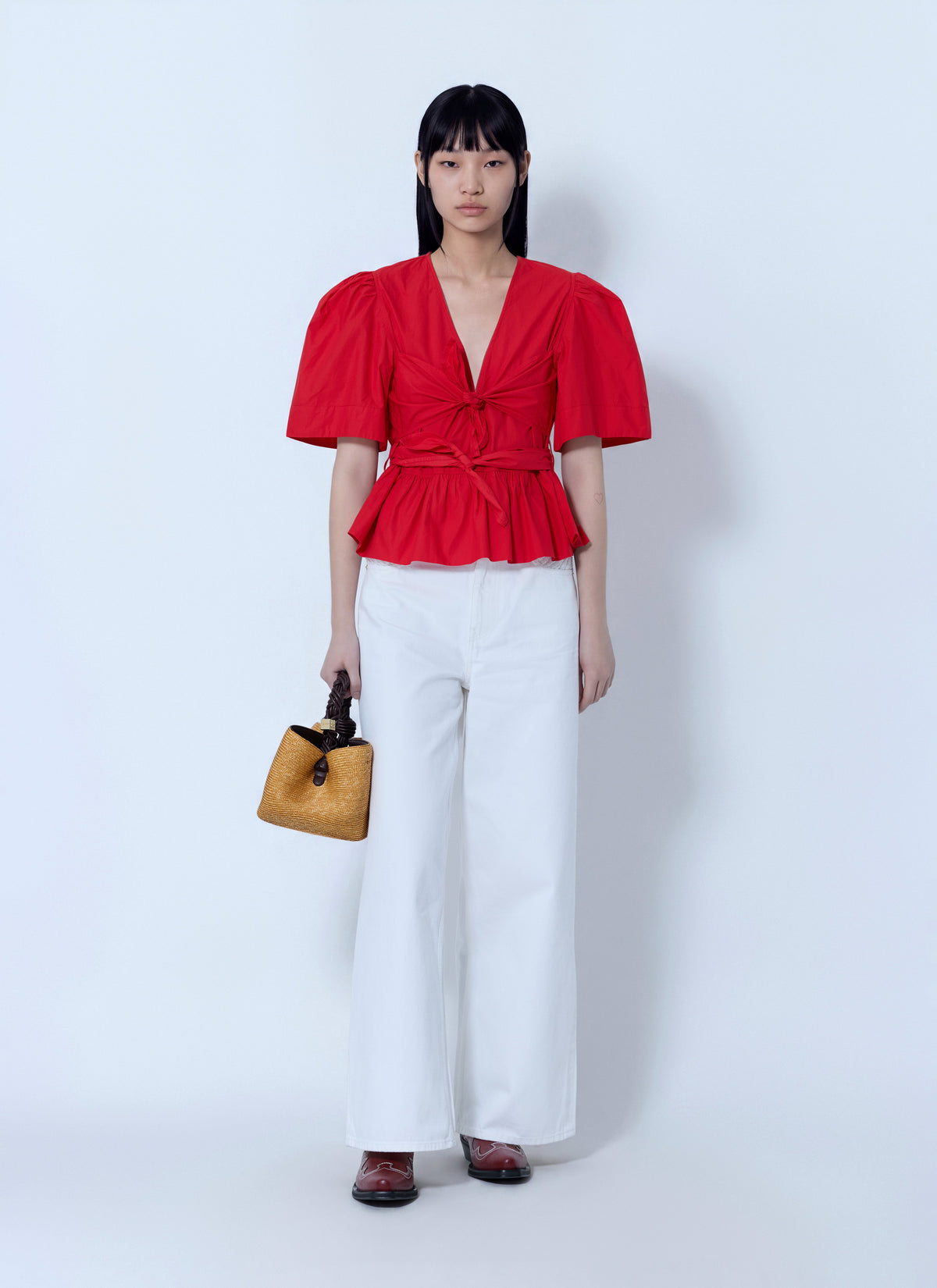 Ganni Women Cotton Poplin Bow Blouse