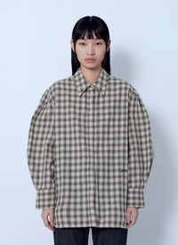 Ganni Women Light Check Flannel Pleated Sleeve Shirt