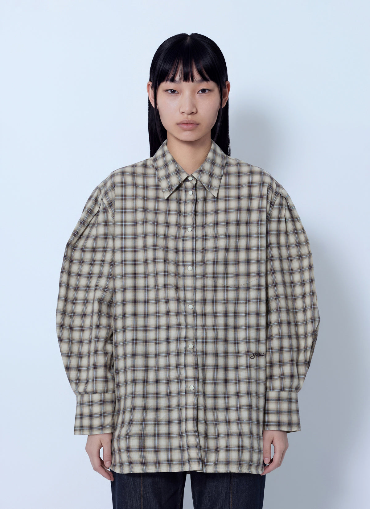 Ganni Women Light Check Flannel Pleated Sleeve Shirt