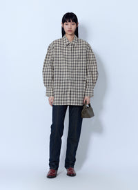 Ganni Women Light Check Flannel Pleated Sleeve Shirt