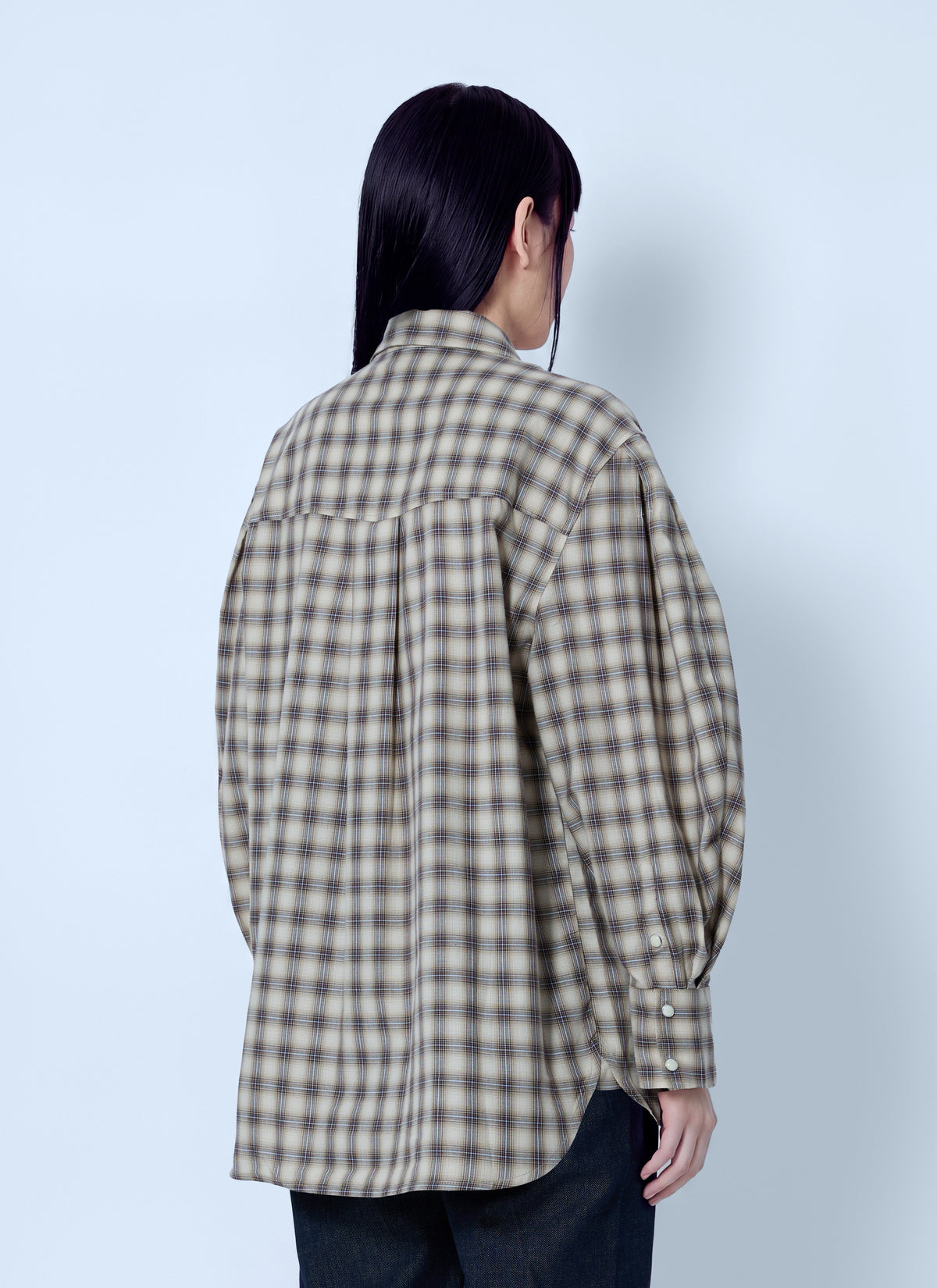 Ganni Women Light Check Flannel Pleated Sleeve Shirt
