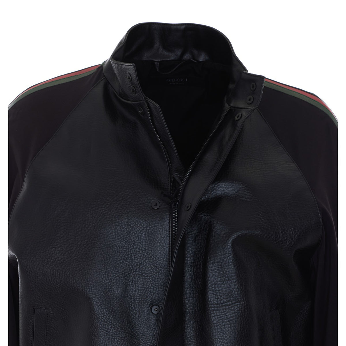 Gucci Men Grany Leather With Web Bomber Jacket