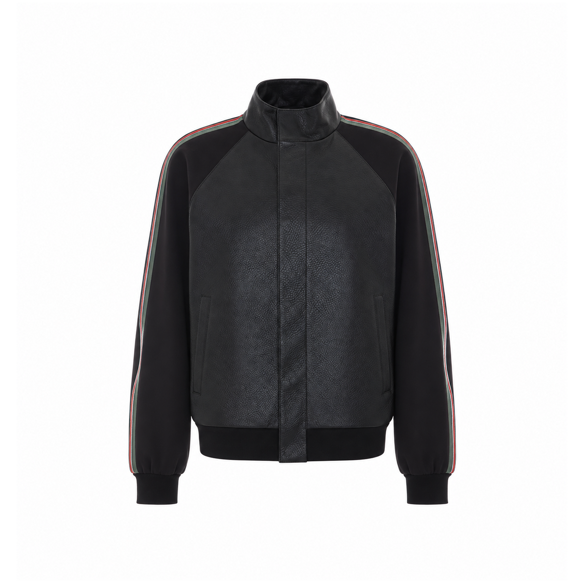 Gucci Men Grany Leather With Web Bomber Jacket