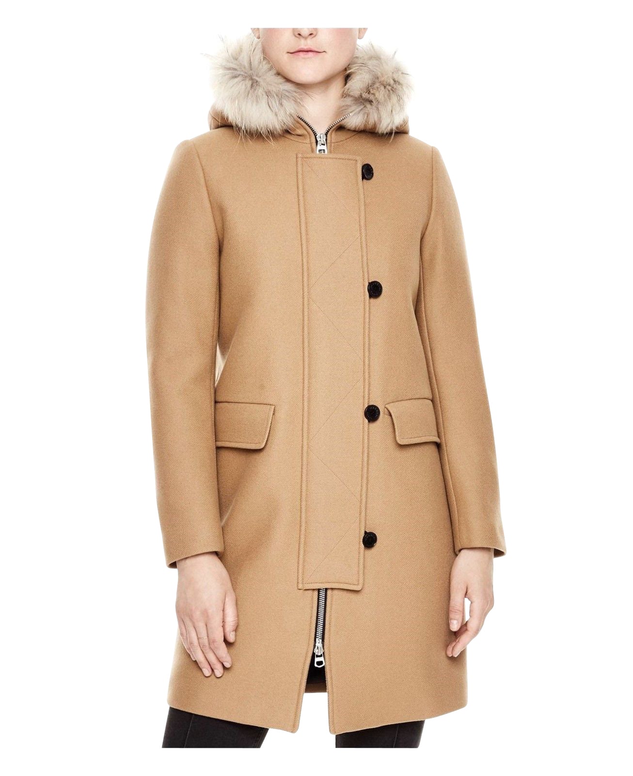 Sandro Sandro Women's Camel Kurt Wool Coat with Fur Trim Hood 4 Buttons