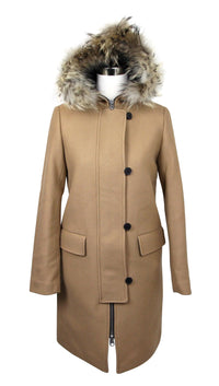 Sandro Sandro Women's Camel Kurt Wool Coat with Fur Trim Hood 4 Buttons