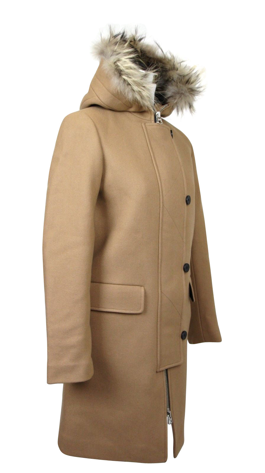 Sandro Sandro Women's Camel Kurt Wool Coat with Fur Trim Hood 4 Buttons