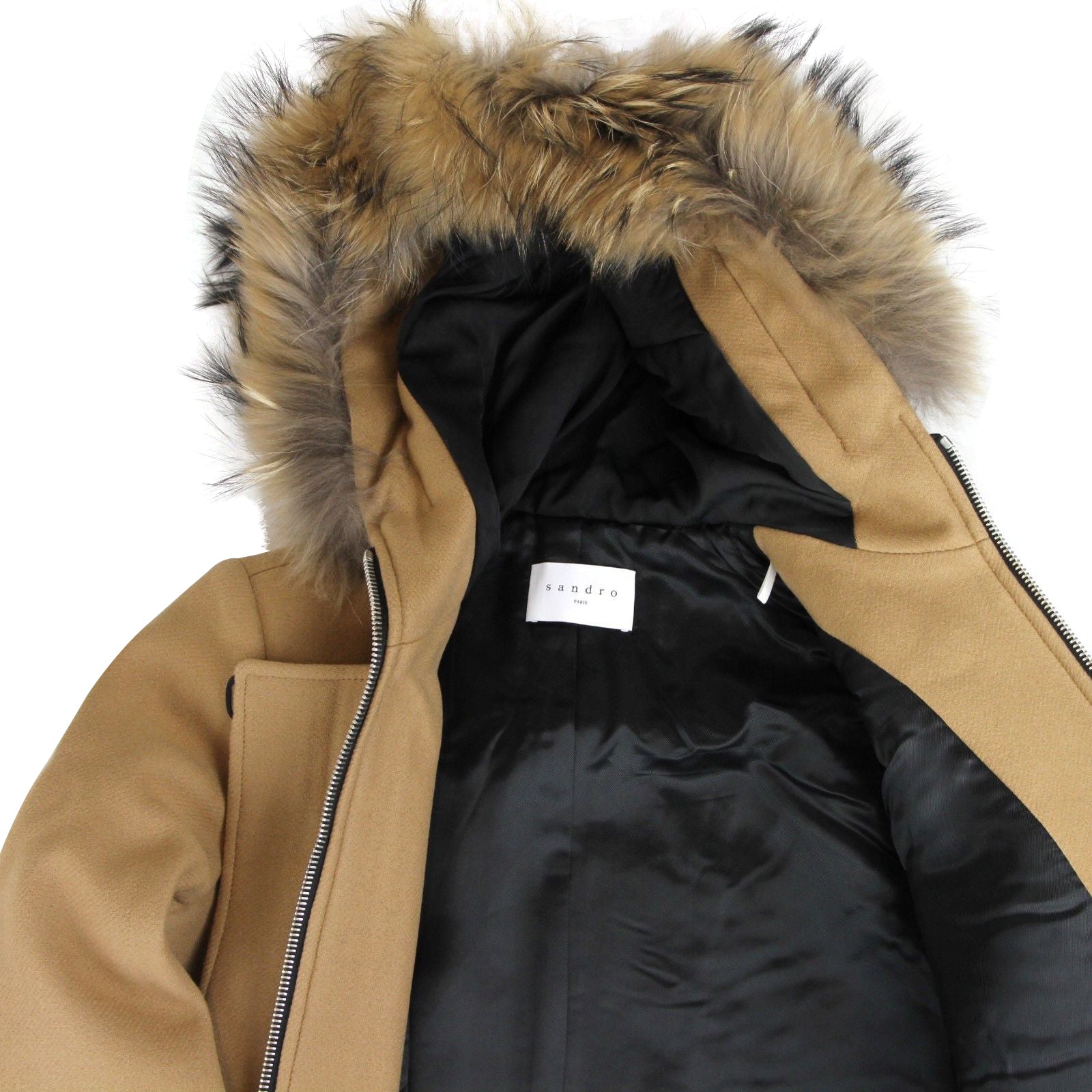 Sandro Sandro Women's Camel Kurt Wool Coat with Fur Trim Hood 4 Buttons