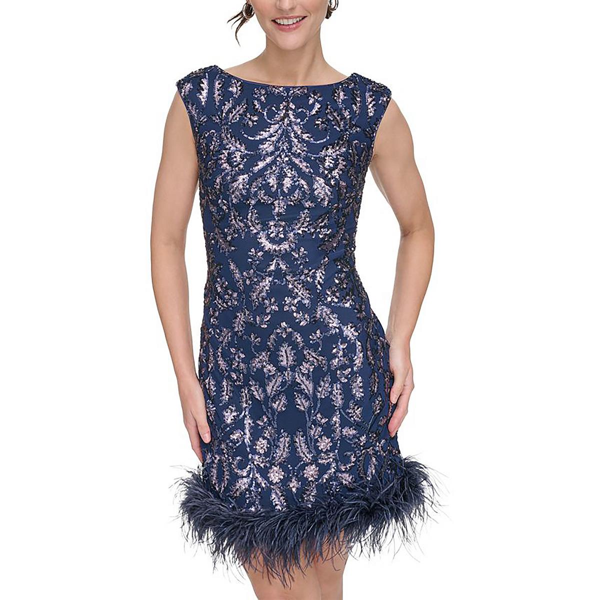 Petites Womens Sequined Feathered Sheath Dress