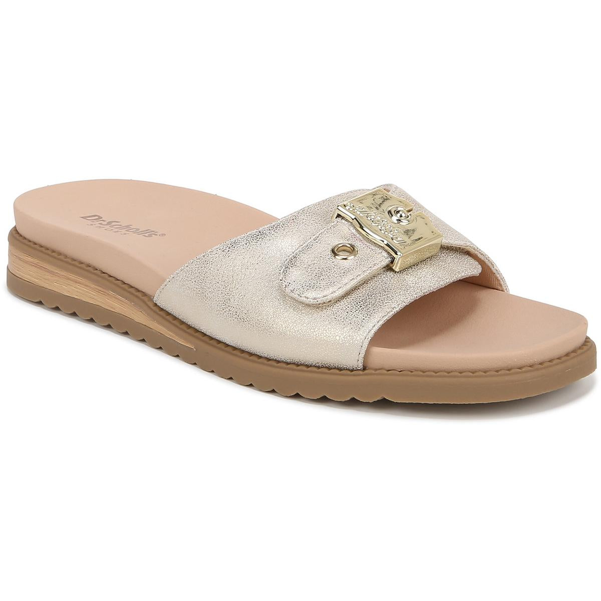 Island Icon Womens Solid Faux Leather Slide Sandals 6 Medium Gold
