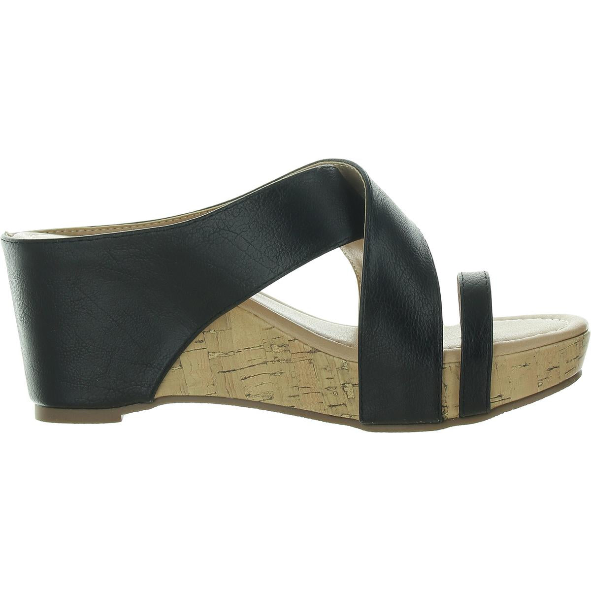 Womens Toe Loop Faux Leather Wedge Sandals