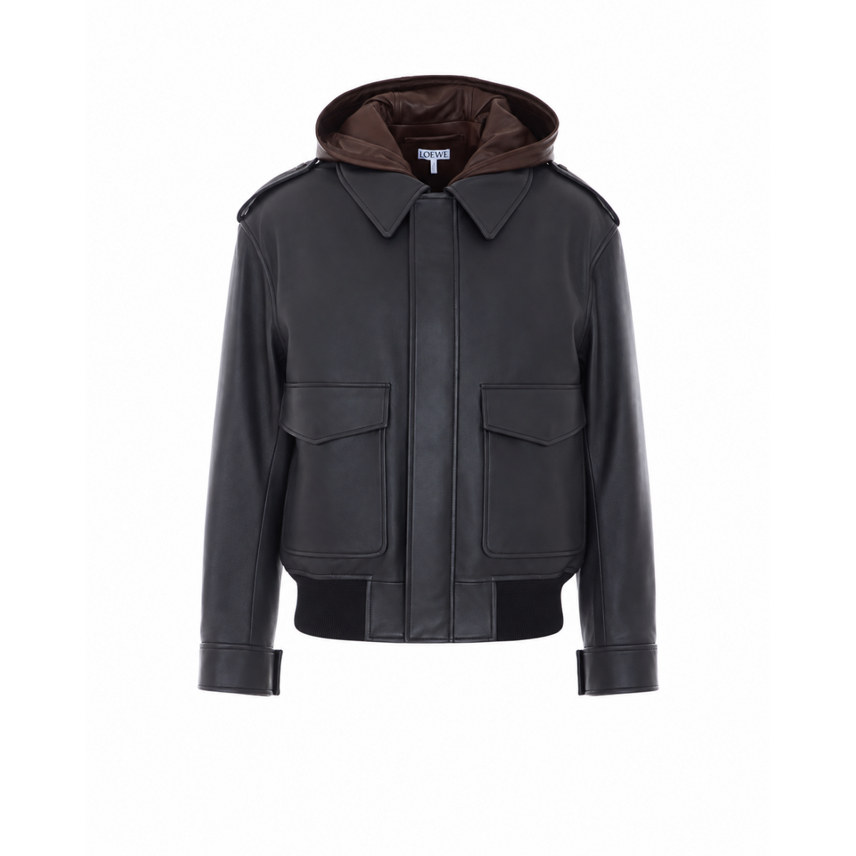 Loewe Men Hooded Leather Jacket With Anagram Patch On Hood