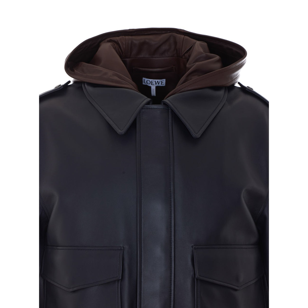 Loewe Men Hooded Leather Jacket With Anagram Patch On Hood