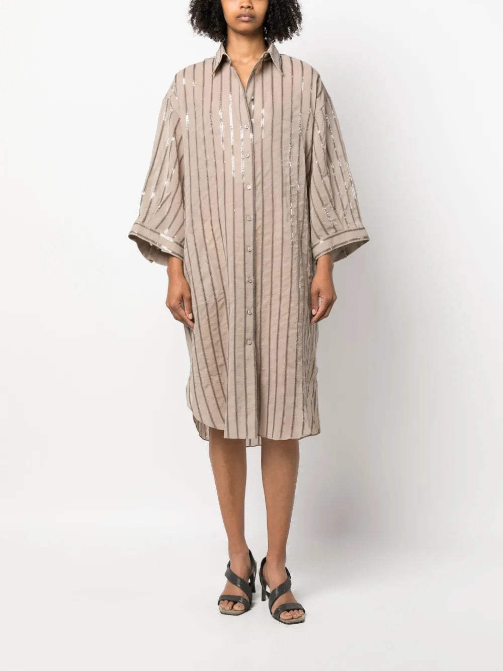 Brunello Cucinelli Sequin-Embellished Striped Cotton Shirtdress