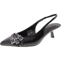 Capeka Womens Faux Leather Pointed Toe Slingback Heels 6 Medium Black Crinkle