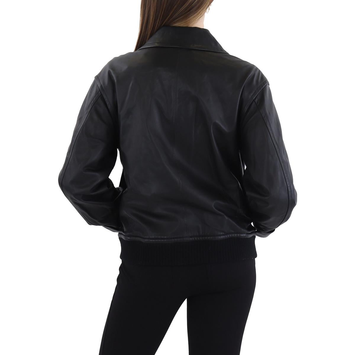 Womens Solid Lambskin Leather Bomber Jacket