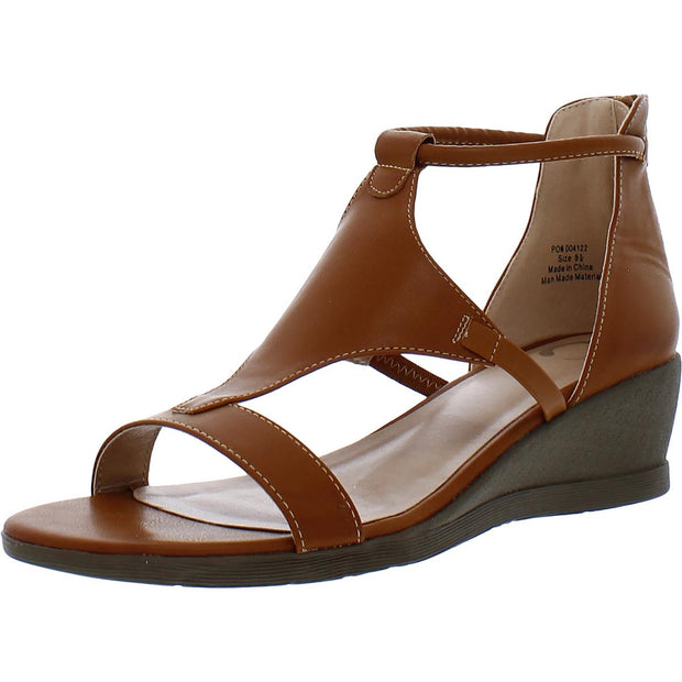 Womens Faux Leather T-Strap Wedge Sandals
