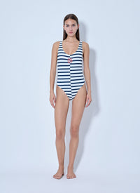 Jean Paul Gaultier Women Asymetric Mariniere Printed Swimsuit