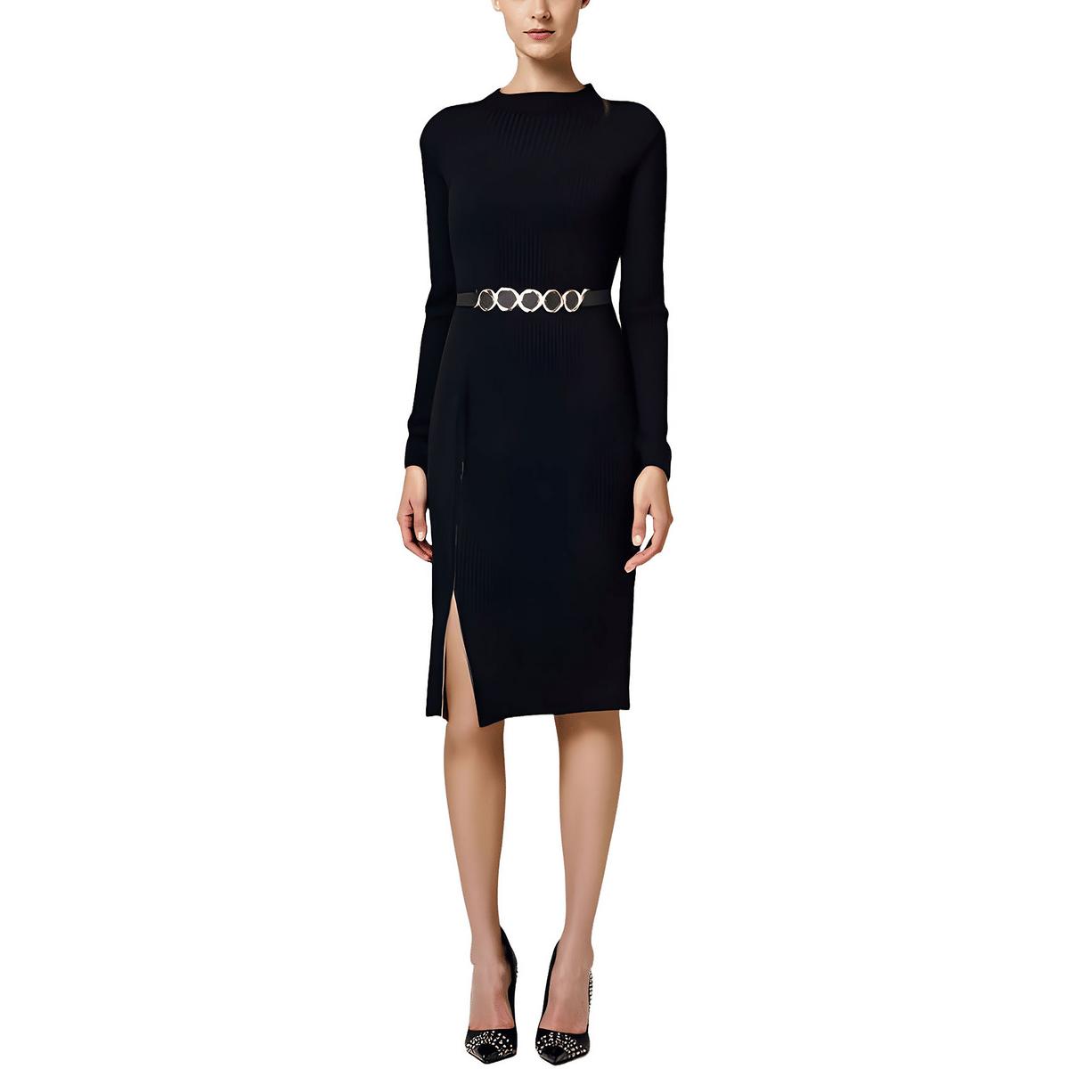 Womens Belted Ribbed Knit Sweaterdress