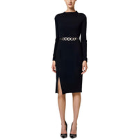 Womens Belted Ribbed Knit Sweaterdress