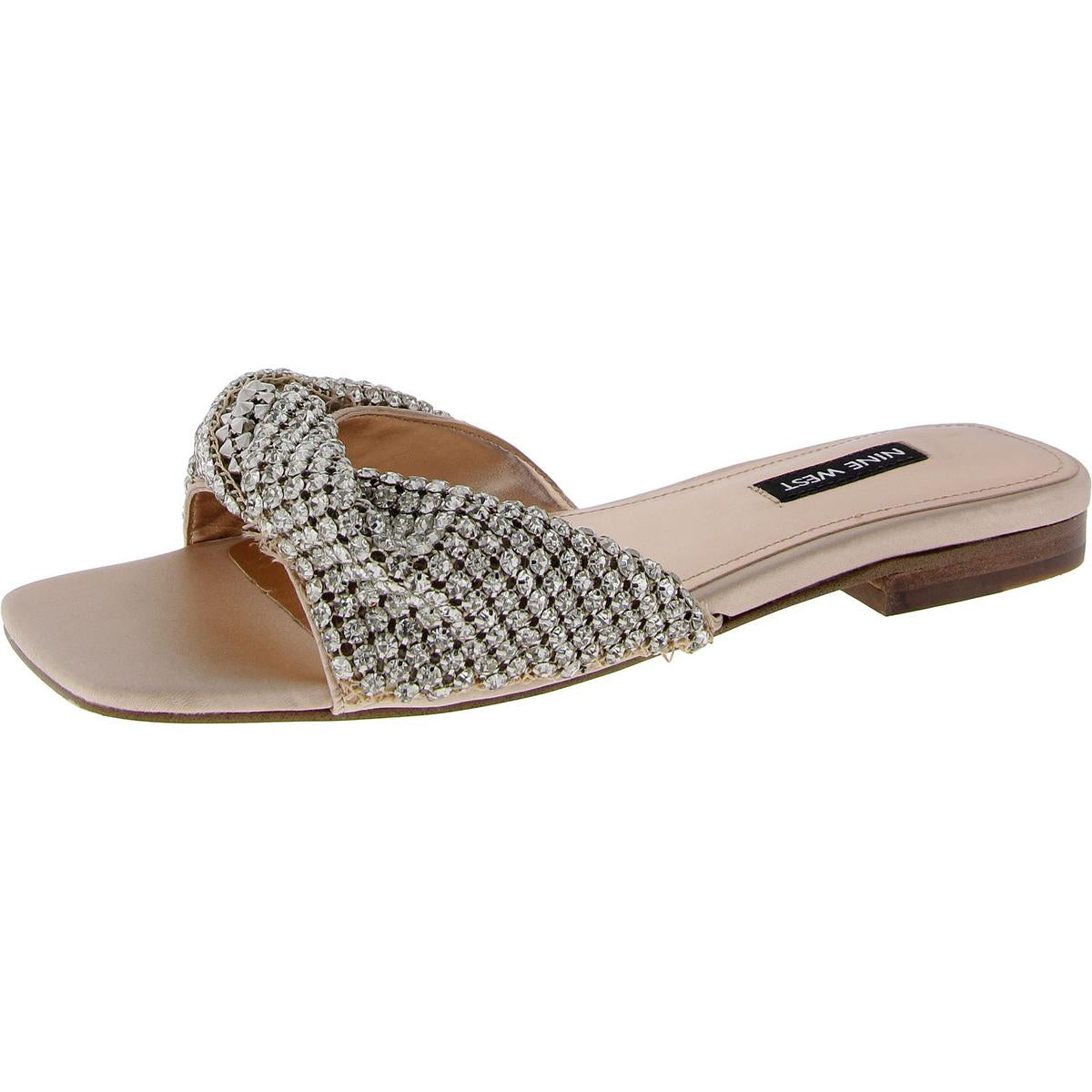 Womens Faux Leather Embellished Slide Sandals