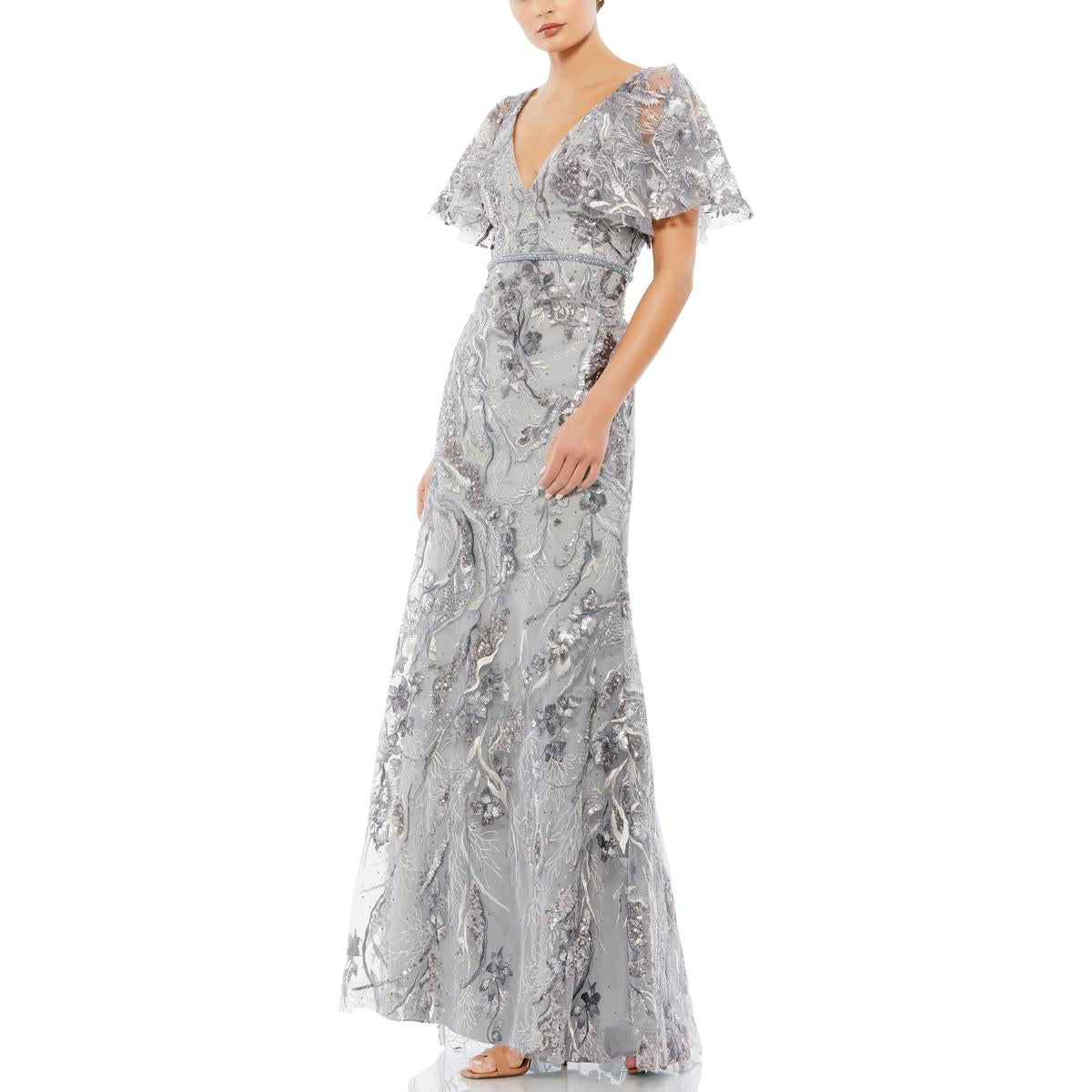 Womens Embroidered Mesh Evening Dress