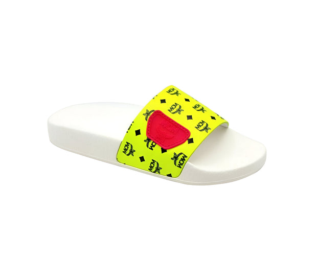MCM Women's White / Neon Yellow Logo Leather Rubber Slides Sandals MES9ALC76YN (36 EU / 6 US)