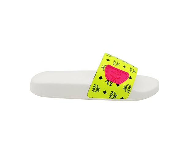 MCM Women's White / Neon Yellow Logo Leather Rubber Slides Sandals MES9ALC76YN (36 EU / 6 US)