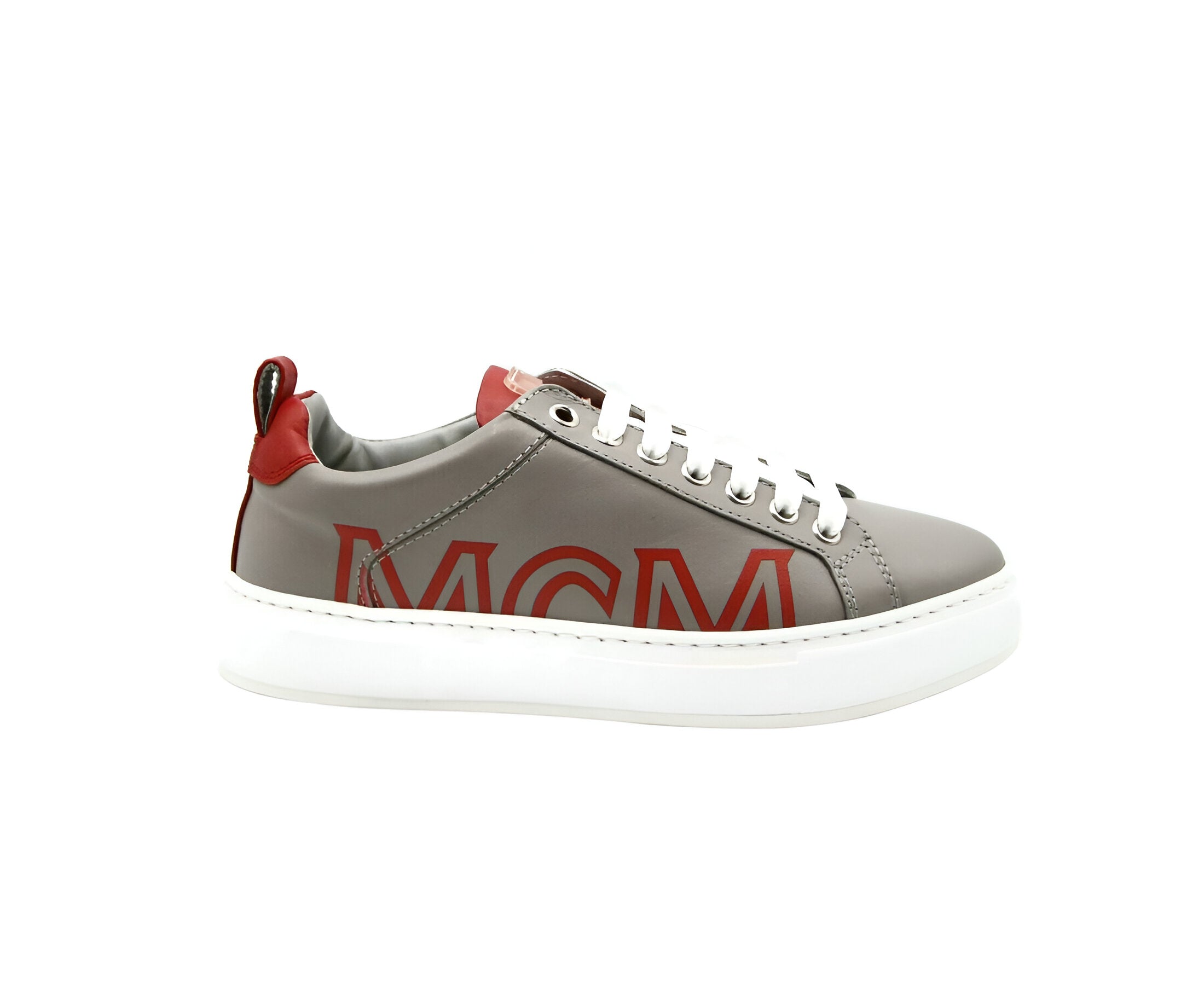 MCM Women's Grey Leather With Red Trim And Logo Low Top Sneaker