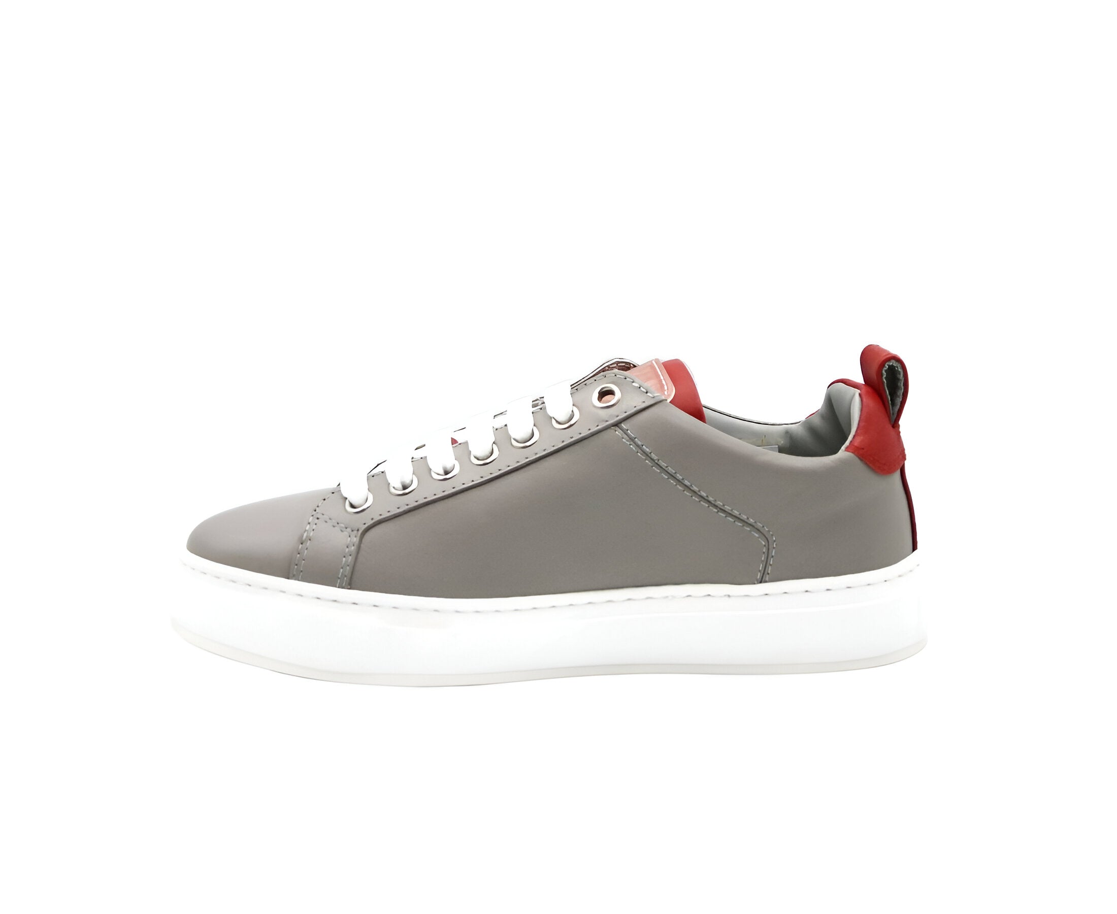 MCM Women's Grey Leather With Red Trim And Logo Low Top Sneaker