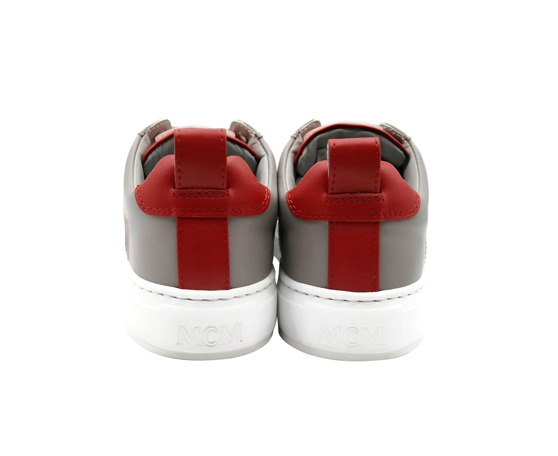 MCM Women's Grey Leather With Red Trim And Logo Low Top Sneaker