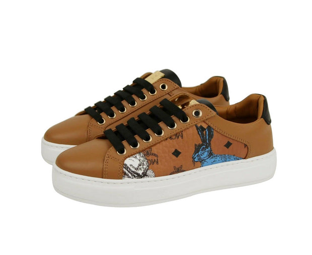 MCM Women's Cognac Brown Visetos Leather Rabbit Print Sneakers