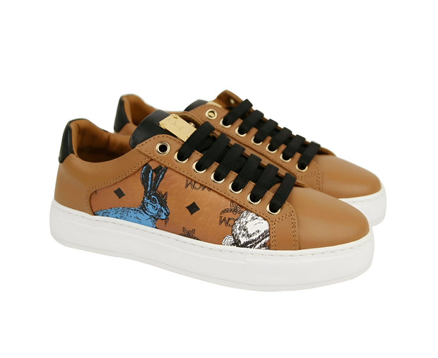 MCM Women's Cognac Brown Visetos Leather Rabbit Print Sneakers