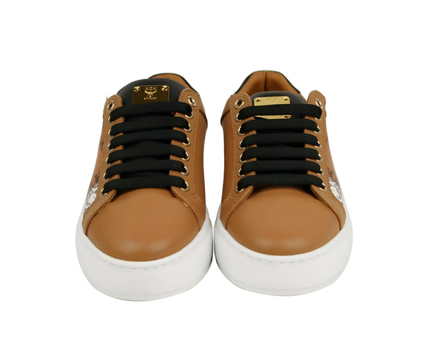 MCM Women's Cognac Brown Visetos Leather Rabbit Print Sneakers