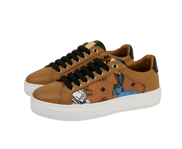 MCM Women's Cognac Brown Visetos Leather Rabbit Print Sneakers