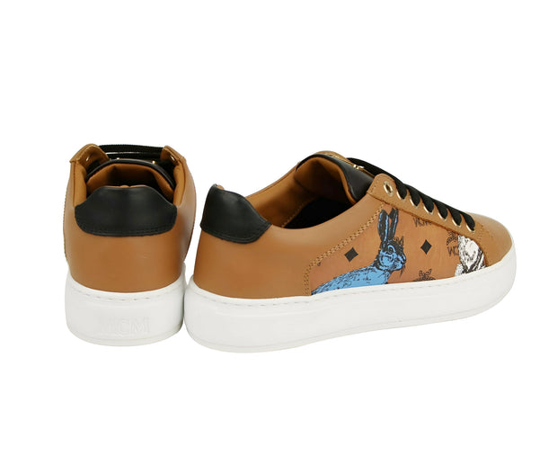 MCM Women's Cognac Brown Visetos Leather Rabbit Print Sneakers