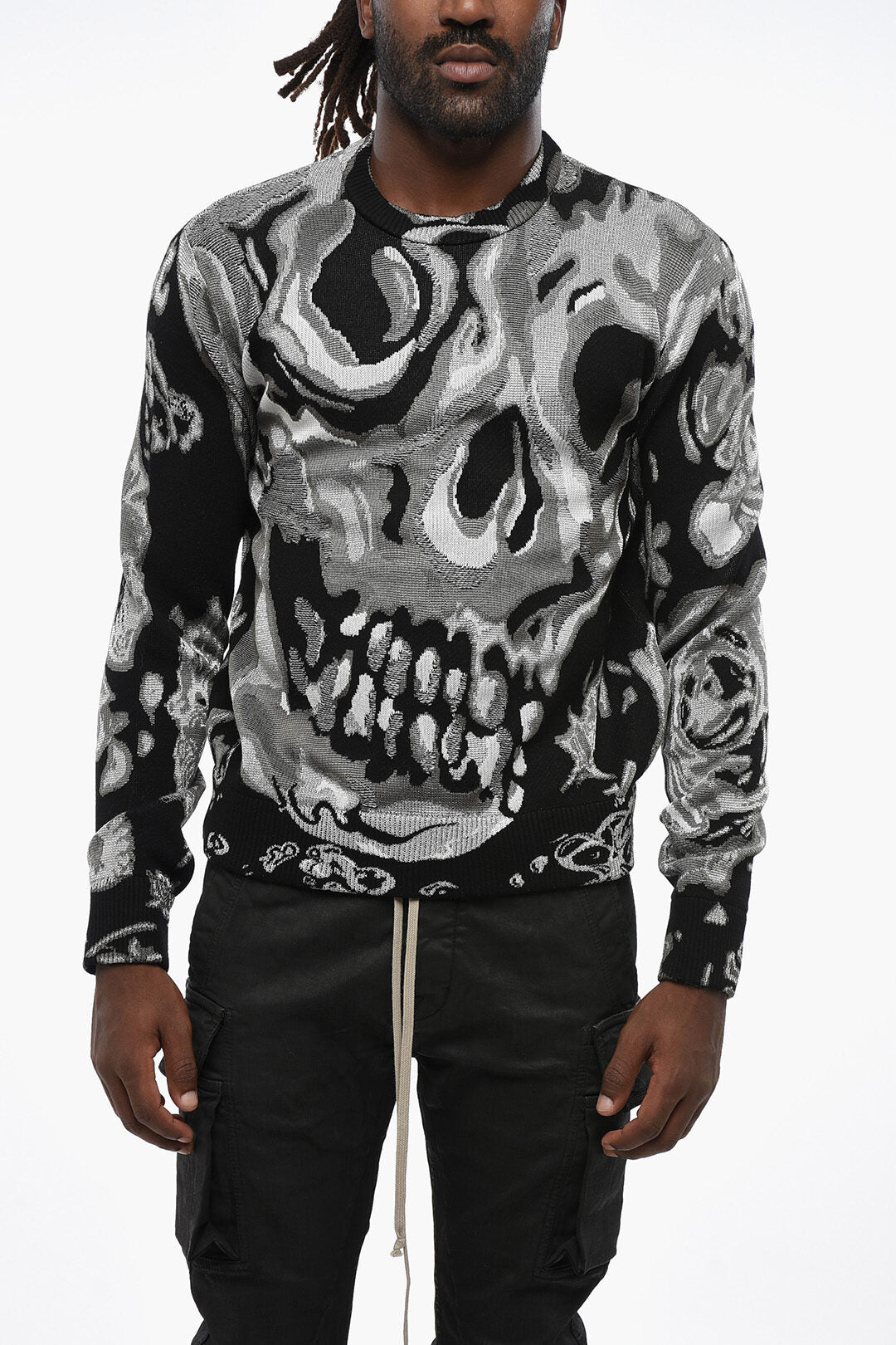 Alexander McQueen Metallic Fabric Crewneck Sweater with Jacquard Skull Motif