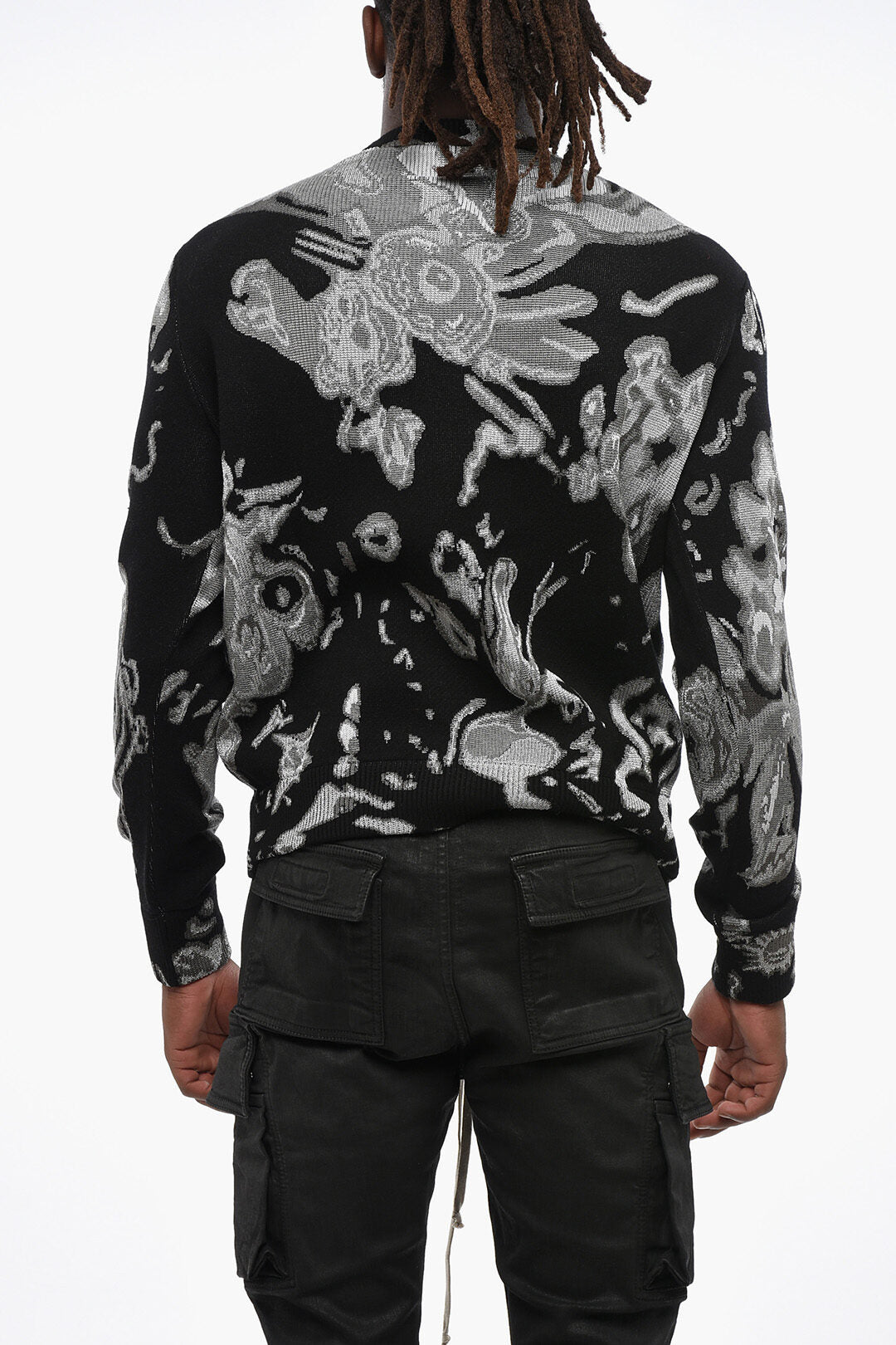 Alexander McQueen Metallic Fabric Crewneck Sweater with Jacquard Skull Motif