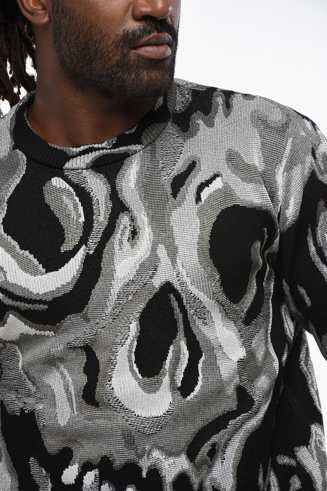 Alexander McQueen Metallic Fabric Crewneck Sweater with Jacquard Skull Motif