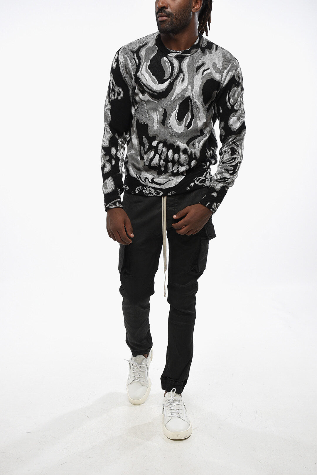 Alexander McQueen Metallic Fabric Crewneck Sweater with Jacquard Skull Motif