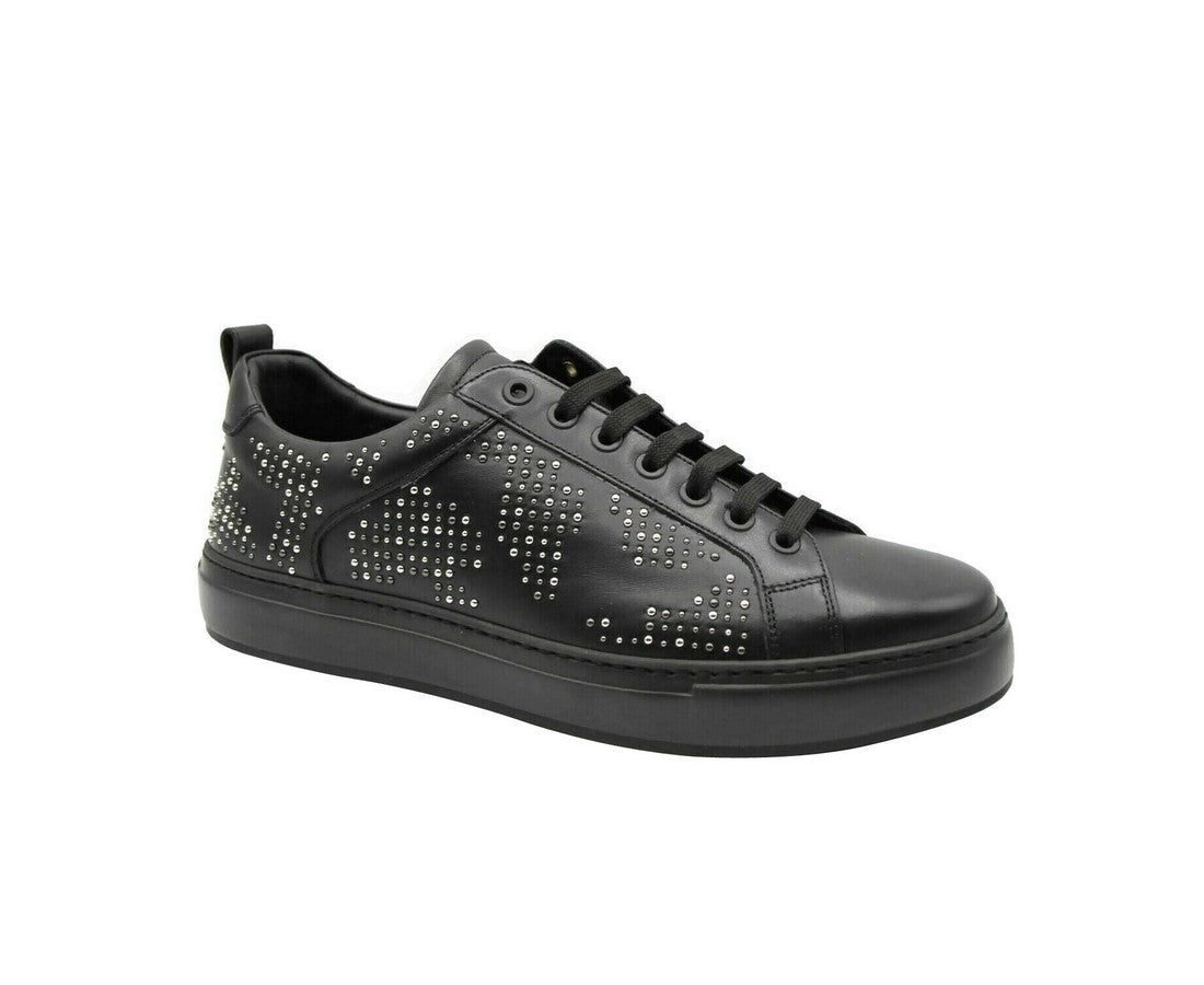 MCM Men's Black Leather Silver Studded Low Top Sneakers